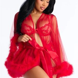 Red Sheer Robe with Marabou Trim